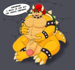  2022 absurd_res anthro armband balls belly belly_squeeze big_balls big_belly big_penis bowser claws collar digital_drawing_(artwork) digital_media_(artwork) flaccid foreskin genitals hair hi_res horn koopa male mario_bros nintendo open_mouth overweight overweight_male partially_retracted_foreskin pecs penis red_eyes red_hair scalie shell solo solo_focus speech_bubble spiked_armband spiked_collar spikes sudsypup tail text thick_penis toe_claws yellow_body 