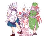  3girls apron beret blue_dress braid china_dress chinese_clothes crying dress faceless green_dress green_headwear hat hat_ornament hong_meiling izayoi_sakuya long_hair maid_apron maid_headdress multiple_girls nunnun_(shunka_shuutou) pink_dress puffy_short_sleeves puffy_sleeves purple_hair red_hair remilia_scarlet short_hair short_sleeves star_(symbol) star_hat_ornament touhou translation_request twin_braids white_hair 