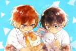  2boys black_hair blue_background brown_eyes brown_hair chibi haruzono male_focus miyano_yashizaku mole mole_under_eye multicolored_background multiple_boys orange_hair sasaki_shuumei sasaki_to_miyano short_hair stuffed_animal stuffed_bunny stuffed_cat stuffed_toy white_background yaoi 