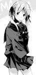  bow greyscale hair_bow katsura_miya maka_albarn monochrome school_uniform serafuku solo soul_eater twintails 