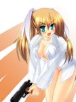  blonde_hair blue_eyes breasts cleavage gun little_busters! medium_breasts open_clothes open_shirt panties saano_chia shirt solo tokido_saya twintails underwear weapon 
