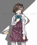  1girl akigumo_(kantai_collection) brown_hair chimaki. clenched_teeth commentary_request cowboy_shot crying crying_with_eyes_open english_text green_eyes grey_legwear hair_ribbon highres kantai_collection long_hair long_sleeves looking_at_viewer pantyhose pleated_skirt ponytail ribbon school_uniform shirt skirt solo tears teeth white_shirt 