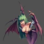  bad_id bad_pixiv_id bare_shoulders bat_wings bent_over breasts cleavage demon_girl elbow_gloves fingerless_gloves gloves green_hair head_wings highres large_breasts leotard lipstick long_hair makeup morrigan_aensland mozuy@ nail_polish pantyhose purple_nails solo succubus vampire_(game) wide_hips wings 