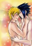  2boys back bare_shoulders black_hair blonde_hair blush closed_eyes eyes_closed hug jewelry male multiple_boys naruto necklace nude short_hair smile smirk standing uchiha_sasuke uzumaki_naruto yaoi 