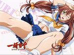  ;o arm_up bangs blush bobby_socks breasts brown_hair character_name copyright_name crop_top crotch eyecatch from_above glasses green_eyes hair_between_eyes hair_bobbles hair_ornament hand_on_own_head ikkitousen ikkitousen_xtreme_xecutor impossible_clothes impossible_shirt knee_up large_breasts logo long_hair looking_at_viewer low-tied_long_hair low_twintails lying midriff miniskirt neckerchief official_art on_back one_eye_closed panties pantyshot pantyshot_(lying) parted_bangs pleated_skirt rimless_eyewear rin-sin ryuubi_gentoku school_uniform screencap serafuku shadow shirt short_sleeves skirt sleeve_cuffs socks solo spread_legs star taut_clothes taut_shirt twintails underwear white_background white_panties wince 