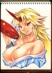  alcohol bare_shoulders between_breasts blonde_hair breasts bust_cup calnarsa cup fang horn hoshiguma_yuugi hoshiguma_yuugi_(promo) japanese_clothes kimono large_breasts long_hair marker_(medium) millipen_(medium) naughty_face off_shoulder pointy_ears red_eyes sakazuki sake solo touhou traditional_media 