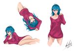  2009 ahoge bad_id bad_pixiv_id blue_hair bottomless breasts cleavage lying off_shoulder original purple_eyes shadow_cat signature small_breasts 