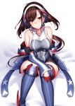  1girl ahoge american_flag american_flag_print azur_lane bangs bare_shoulders black_skirt blue_jacket blue_legwear blush boots breasts brown_hair closed_mouth collarbone covered_navel embarrassed eyebrows_visible_through_hair flag_print floating_hair frown gloves hairband half_gloves head_tilt high_collar highres independence_(azur_lane) jacket ken_ill large_breasts long_hair looking_at_viewer low_ponytail mole_on_thigh off_shoulder pleated_skirt red_eyes red_gloves sidelocks simple_background single_knee_pad single_thigh_boot skindentation skirt sleeveless_jacket solo taut_jacket thigh_boots thighhighs white_background 