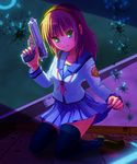  angel_beats! bad_id bad_pixiv_id beretta_92 bullet_hole green_eyes gun handgun headband pistol school_uniform serafuku skirt skirt_lift smile solo thighhighs tomitayaki trigger_discipline weapon yuri_(angel_beats!) zettai_ryouiki 