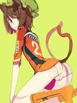  :3 ass brown_hair cameltoe chen clothes_writing fakepucco fang fat_mons from_behind green_eyes hat jersey kneehighs looking_back multiple_tails no_pants panties short_hair smile socks solo tail touhou underwear white_panties 