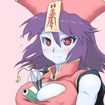  bad_id bad_pixiv_id between_breasts blue_skin blush breasts chinese_clothes cleavage cleavage_cutout jiangshi kunai large_breasts lei_lei purple_hair red_eyes scroll short_hair solo tsukudani_(coke-buta) vampire_(game) weapon 
