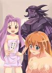  blue_eyes breasts covering covering_breasts garyuu kouno_hikaru long_hair lutecia_alpine lyrical_nanoha mahou_shoujo_lyrical_nanoha_strikers medium_breasts multiple_girls naked_towel nude purple_eyes purple_hair red_hair small_breasts teana_lanster topless towel translation_request 