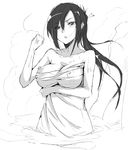  angry bare_shoulders breasts covered_nipples greyscale impossible_towel large_breasts monochrome naked_towel nipple_slip nipples original sketch solo towel yuuki_shin 