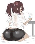  ass bra breasts brown_eyes brown_hair dark_skin drink huge_ass huge_breasts large_breasts lingerie original ponytail see-through sideboob underwear yukishiki_shilfi 