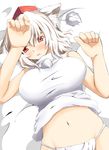  animal_ears breasts fundoshi hat highres inubashiri_momiji japanese_clothes kamemasa large_breasts navel red_eyes short_hair silver_hair solo tokin_hat touhou wolf_ears 