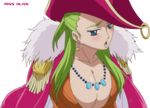  1girl big_breasts blush breasts cap cape cleavage female green_hair hat huge_breasts impel_down long_hair miss_olive olive_(one_piece) one_piece photoshop render screencap shy solo 