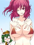  ;p bikini blush breasts breasts_apart cleavage green_hair hair_bobbles hair_ornament hat highres large_breasts multiple_girls one_eye_closed onozuka_komachi ooike_teru red_eyes red_hair shiki_eiki short_hair swimsuit tongue tongue_out touhou two_side_up 