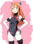  aqua_eyes bad_id bad_pixiv_id blush bodysuit cameltoe chiara_ferina covered_nipples element_hunters fat_mons flat_chest hands_on_hips highres long_hair makino_tomoyasu open_mouth orange_hair skin_tight solo 