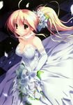  absurdres blonde_hair bouquet breasts bride cleavage copyright_request dress flower highres kagome_(traumatize) large_breasts ponytail solo strapless strapless_dress train_(clothing) wedding_dress 