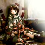  2009 bangs blunt_bangs boots brown_hair cape cum cum_on_hair expressionless full_body green_eyes highres hitomaru indoors monster one-eyed open_mouth original room scar sitting solo spread_legs tentacles 