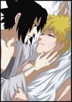  2boys arm_support artist_request bandage bandages black_eyes black_hair blond_hair blonde_hair blue_eyes blush lying male male_focus multiple_boys naruto on_back open_mouth scar short_hair tears uchiha_sasuke uzumaki_naruto yaoi 