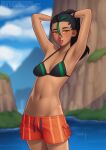  1girl adjusting_hair armpits arms_up bangs bikini bikini_top_only black_bikini black_hair blush breasts cloud commentary dark-skinned_female dark_skin day deilan12 eyelashes green_hair hair_between_eyes hair_tie_in_mouth highres mouth_hold multicolored_hair navel nemona_(pokemon) orange_eyes orange_shorts outdoors pokemon pokemon_(game) pokemon_sv short_shorts shorts sky solo streaked_hair swimsuit two-tone_hair water watermark web_address 