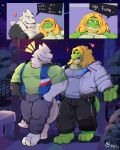  &lt;3 absurd_res anthro barefoot blonde_hair body_hair bottomwear chest_hair clothed clothing comic crocodile crocodilian crocodylid dialogue dragon duo eye_contact eyes_closed feet flirting green_body hair hi_res jacket kofu_grizzly_chubby looking_at_another male male/male muscular pants reptile scalie smile text topwear white_body 