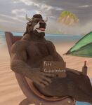  absurd_res anthro beach beard big_penis brown_body brown_fur buru_(buruthebull) buruthebull chair facial_hair fur furniture genitals hair hi_res horn male male/male muscular nipples nude on_chair pattern_background pecs penis rope seaside simple_background sitting sitting_on_chair solo water 