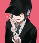  1boy ayacho_mato black_hair black_jacket blush covered_eyes danganronpa_(series) danganronpa_v3:_killing_harmony hand_on_own_face hat heart highres jacket lower_teeth_only necktie open_mouth pink_background saihara_shuuichi school_uniform short_hair solo striped_necktie sweatdrop teeth yellow_eyes 