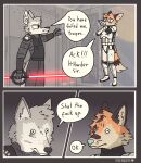  anthro asphyxiation bodily_fluids canid canine canis choking comic english_text force_choke frenetic_wolf hi_res humor male mammal profanity red_lightsaber sith star_wars stormtrooper sweat text wolf 