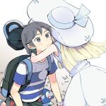  1boy 1girl atsumi_yoshioka backpack bag bangs bare_arms baseball_cap black_bag black_headwear blonde_hair blue_shirt blush bracelet closed_mouth commentary_request dress elio_(pokemon) grey_eyes hat hat_ribbon hug jewelry lillie_(pokemon) long_hair pants pokemon pokemon_(creature) pokemon_(game) pokemon_sm popplio ribbon shirt sleeveless sleeveless_dress striped striped_shirt sun_hat t-shirt white_dress white_headwear z-ring 