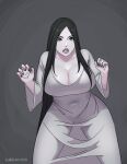  1girl asolhoe bangs black_hair breasts claw_pose cleavage collarbone covered_navel dress ghost highres large_breasts long_dress long_hair navel open_mouth original pale_skin parted_bangs solo standing white_dress 