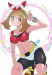  1girl adapted_costume bangs bike_shorts blush bracelet breasts brown_hair cleavage closed_mouth collarbone commentary_request eyelashes fanny_pack green_bag grey_eyes hand_up jewelry kneeing masamu_(leonore69) may_(pokemon) navel pokemon pokemon_(game) pokemon_oras shoes smile solo split_mouth w yellow_footwear 