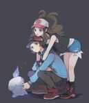  1boy 1girl :o atsumi_yoshioka baseball_cap bent_over black_vest blue_jacket boots brown_hair closed_mouth commentary_request denim denim_shorts fire flame hat high_ponytail hilbert_(pokemon) hilda_(pokemon) jacket litwick long_hair long_sleeves looking_up pants pokemon pokemon_(creature) pokemon_(game) pokemon_bw red_footwear red_headwear shirt shoes short_hair short_shorts shorts sidelocks sleeveless sleeveless_shirt squatting vest white_shirt wristband yellow_eyes zipper_pull_tab 