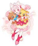  1girl ahoge animal_ears bangs bubble_skirt cat_ears cat_girl character_doll delicious_party_precure full_body highres hikimayu holding holding_stuffed_toy kome-kome_(precure) kome-kome_(precure)_(human) kuriki_haru long_hair mem-mem_(precure) open_mouth pam-pam_(precure) pink_hair precure skirt slit_pupils smile solo stuffed_animal stuffed_dog stuffed_dragon stuffed_toy swept_bangs twintails 