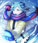  1boy blue_mittens blue_scarf commentary_request eyelashes floating_scarf green_eyes green_hair grusha_(pokemon) highres jacket long_sleeves male_focus min_(myna8247) mittens open_mouth outdoors outstretched_arm pokemon pokemon_(game) pokemon_sv scarf snowflakes solo striped striped_scarf teeth tongue yellow_jacket 