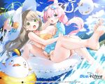  2girls ahoge barefoot bikini bird blue_archive blue_eyes blue_jacket blue_sky breasts brown_hair cleavage cloud commentary copyright_name day english_commentary eyewear_on_head gogoco green_eyes halo hat heterochromia hoshino_(blue_archive) hoshino_(swimsuit)_(blue_archive) hug jacket large_breasts long_hair long_sleeves low_twintails multiple_girls nonomi_(blue_archive) nonomi_(swimsuit)_(blue_archive) ocean official_alternate_costume official_art open_mouth peroro_(blue_archive) pink_hair sky soles sunglasses swimsuit toes twintails white_headwear yellow_bikini yellow_eyes 