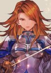  1girl armor bangs blue_cape boobplate breastplate brown_eyes brown_hair cape closed_mouth earrings gauntlets granblue_fantasy hair_over_one_eye holding holding_sword holding_weapon hungry_clicker jewelry katalina_(granblue_fantasy) long_hair looking_at_viewer rapier simple_background smile solo sword upper_body weapon 