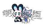  anthro bow_tie clothed clothing cute_fangs domestic_cat duo embarrassed english_text eyes_closed eyewear felid feline felis glasses hair hi_res lagomorph leporid machine male mammal necktie open_mouth rabbit robot scorpico simple_background smile text 