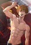  1boy abs absurdres arm_up artist_name blonde_hair blood blood_on_weapon chainsaw chainsaw_man denji_(chainsaw_man) highres looking_at_viewer pull_cord red_eyes rodrigo_sanni sharp_teeth teeth tongue tongue_out topless_male weapon 