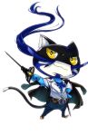  1boy belt cat cosplay denim diego_(persona_5) diego_(persona_5)_(cosplay) facial_hair goatee highres holding holding_weapon jeans lapel_pin morgana_(persona_5) mustache pancakesorting pants persona persona_5 persona_5_the_royal rapier sword weapon white_background yellow_eyes 