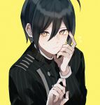  1boy ahoge ayacho_mato black_hair buttons danganronpa_(series) danganronpa_v3:_killing_harmony formal hair_between_eyes hand_on_own_face highres light_blush male_focus pinstripe_pattern pinstripe_suit saihara_shuuichi solo striped suit sweatdrop thinking upper_body yellow_background yellow_eyes 