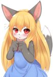  2023 4_fingers akuma_gaoru anthro blonde_hair blush bodily_fluids breasts canid canine canis claws clothed clothing countershading cute_fangs digital_media_(artwork) dipstick_tail dress female female_anthro finger_claws fingers flying_sweatdrops fur grey_body grey_fur hair hi_res horokusa0519 kemono long_hair looking_at_viewer mammal markings multicolored_body multicolored_fur open_mouth pawpads paws red_eyes small_breasts solo sweat sweatdrop tail tail_markings tongue two_tone_body two_tone_fur white_body white_fur wolf young 