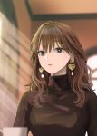 1girl absurdres bangs blurry blurry_background brown_hair closed_mouth cup dated_commentary depth_of_field earrings english_commentary expressionless fuyutsuki_(koori_zokusei_danshi) hair_between_eyes heart heart_earrings highres indoors jewelry koori_zokusei_danshi_to_cool_na_douryou_joshi light_rays lipstick long_hair long_sleeves looking_at_viewer makeup official_art solo sunbeam sunlight teacup tonogaya turtleneck upper_body wavy_hair 