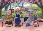  1boy 6+girls absurdres animal_ears ayanami_(azur_lane) azur_lane barefoot black_footwear black_pants black_skirt blonde_hair blue_dress blue_eyes blue_pants blue_ribbon braid brown_hair cake canned_sardines cherry_blossoms chocolate_cake closed_eyes commission cookie crop_top dress eating english_commentary fake_animal_ears food glass glasses green_eyes grey_hair hair_between_eyes hair_ornament hair_ribbon hairband hairclip headgear high_ponytail highres holding holding_sword holding_weapon javelin_(azur_lane) jewelry laffey_(azur_lane) light_brown_hair long_hair long_sleeves medium_hair mother_and_daughter mother_and_son multiple_girls navel one_eye_closed orange_eyes outdoors pants picnic pink_shirt pregnant purple_eyes purple_hair rabbit_ears red_dress red_eyes red_shorts ribbon ring sandwich shadow shirt short_hair shorts sidelocks skirt socks soda_bottle suspenders sword teeth twin_braids upper_teeth_only weapon wedding_ring white_shirt white_socks yellow_shirt z23_(azur_lane) 