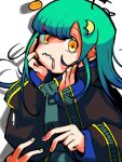  1girl alternate_costume bangs bent_v black_jacket closed_mouth crescent crescent_hair_ornament double_v drop_shadow empty_eyes extra_arms green_hair hair_ornament hands_on_own_cheeks hands_on_own_face head_back highres jacket light_frown long_sleeves looking_at_viewer looking_to_the_side medium_hair nasuoishii nijimine_kakoi oversized_zipper planet raised_eyebrows shade simple_background solo upper_body utau v white_background yellow_eyes zipper zipper_pull_tab 