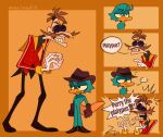  anthro beak blue_body brown_background brown_hair clasped_hands clothing coat dialogue disney dr._heinz_doofenshmirtz duo exclamation_point eyewear facial_hair footwear gloves goggles grin hair handwear hat headgear headwear hi_res human humor male mammal marinad monotreme mustache open_mouth perry_the_platypus phineas_and_ferb plantigrade platypus question_mark sega shocked_expression shoes simple_background size_difference slim smile sonic_the_hedgehog_(series) standing teeth text topwear what white_body 