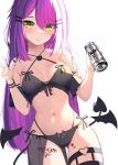  1girl :d absurdres alternate_costume ass_visible_through_thighs bad_anatomy bangs beer_can bibi_(tokoyami_towa) bikini black_bikini blush breasts can cat_ear_bikini collar cowboy_shot demon_tail demon_wings detached_wings drink fang green_eyes hair_ribbon highres holding hololive jirai_kei kkato leg_tattoo long_hair looking_at_viewer low_twintails mole mole_on_thigh multicolored_nails nail navel off_shoulder piercing purple_hair red_nails ribbon simple_background skin_fang small_breasts smile solo stomach swept_bangs swimsuit tail tail_ornament tail_piercing tattoo thighhighs tokoyami_towa twintails v virtual_youtuber white_background wings yellow_nails 