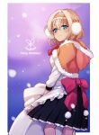  1girl apron blonde_hair blush bow capelet chatan_nakiri_(tenka_hyakken) earmuffs from_behind fur-trimmed_capelet fur_trim green_eyes hair_intakes hairband holding holding_sack kappougi okanoyuno pleated_skirt sack short_hair skirt smile snowflakes snowing standing tenka_hyakken 