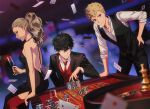  1girl 2boys alcohol amamiya_ren backless_dress backless_outfit belt black_dress black_eyes black_hair blonde_hair blue_eyes brown_eyes card casino champagne champagne_flute collared_shirt cup dress drinking_glass glasses looking_at_viewer multiple_boys necktie persona persona_5 playing_card poker_chip ponytail red_necktie red_thighhighs sakamoto_ryuuji shirt short_hair smile sophie_(693432) table takamaki_anne thighhighs 